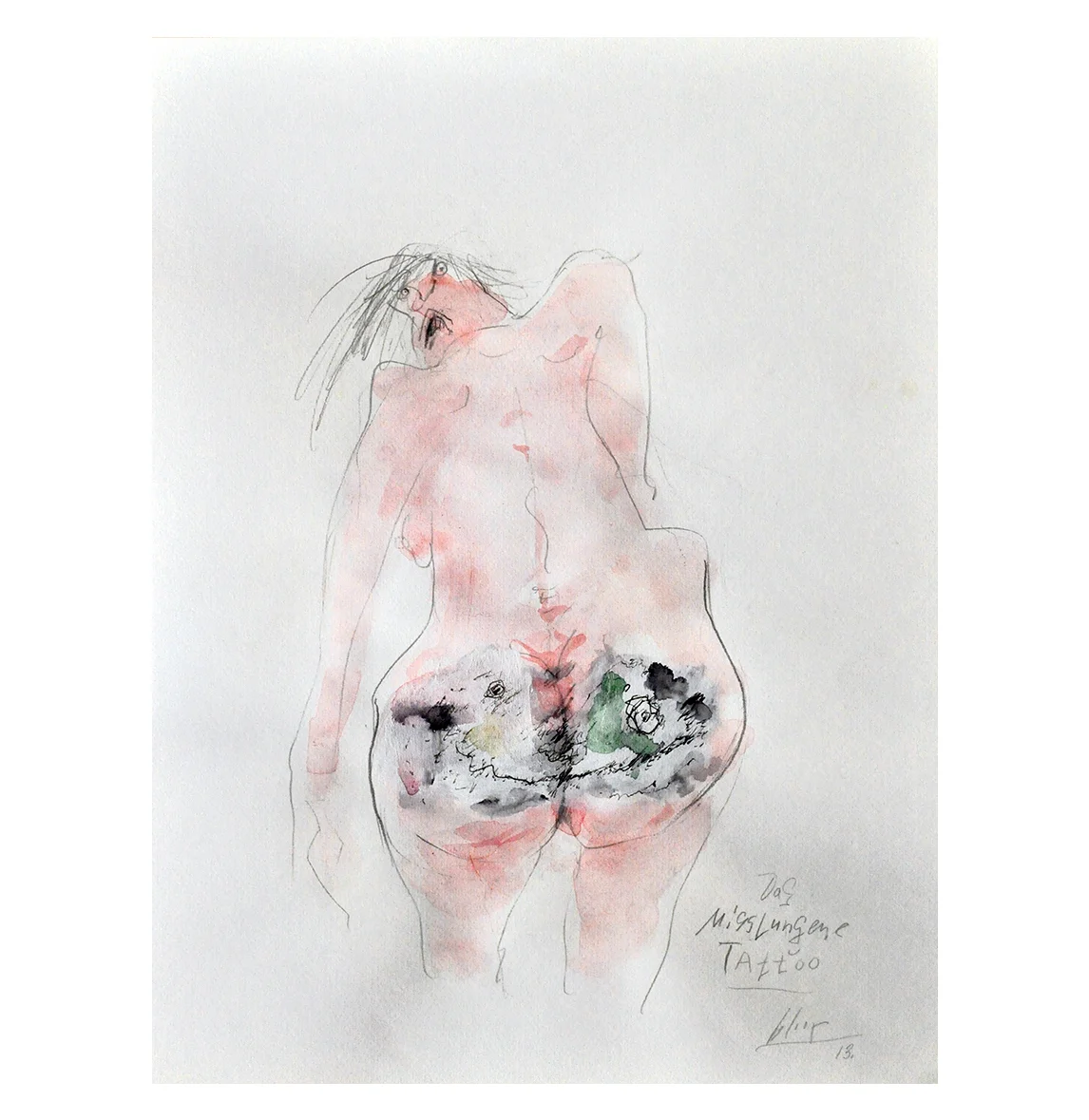 Das Misslungene Tattoo, 2013, Mischtechnik auf Büttenpapier, 30 x 40 cm, Holzrahmen, Rahmenmass 48 x 58 cm