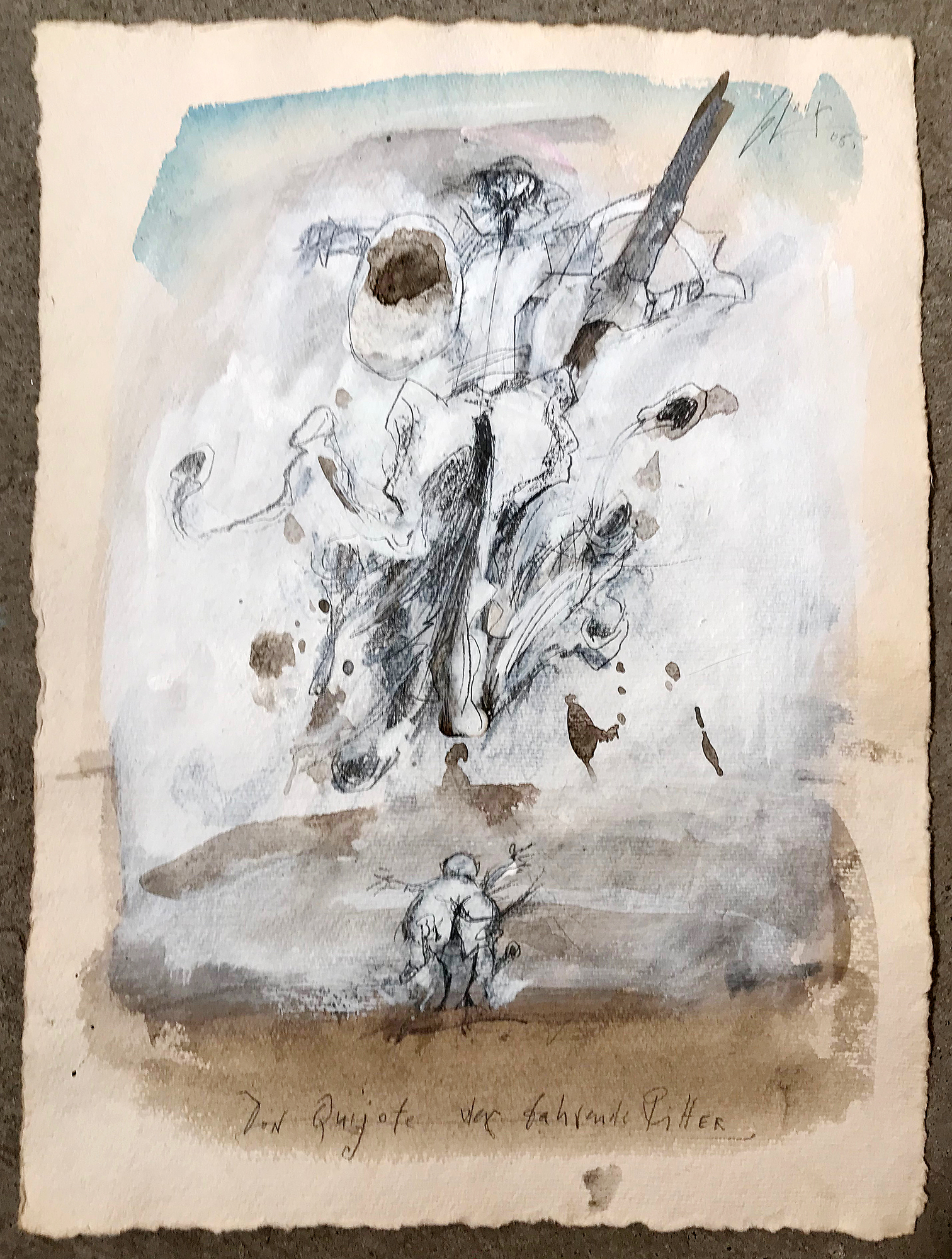 Don Quichot, der fahrende Ritter, 2005, Mischtechnik auf Büttenpapier, 28 x 38 cm, ohne Rahmen