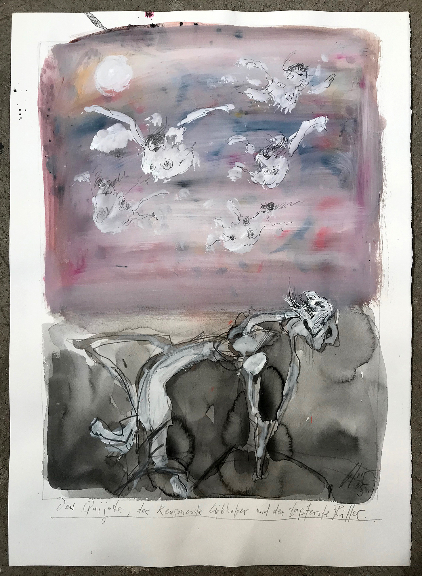 Don Quichot, der keuscheste Liebhaber, 2005, Mischtechnik auf Büttenpapier, 36 x 49 cm, ohne Rahmen