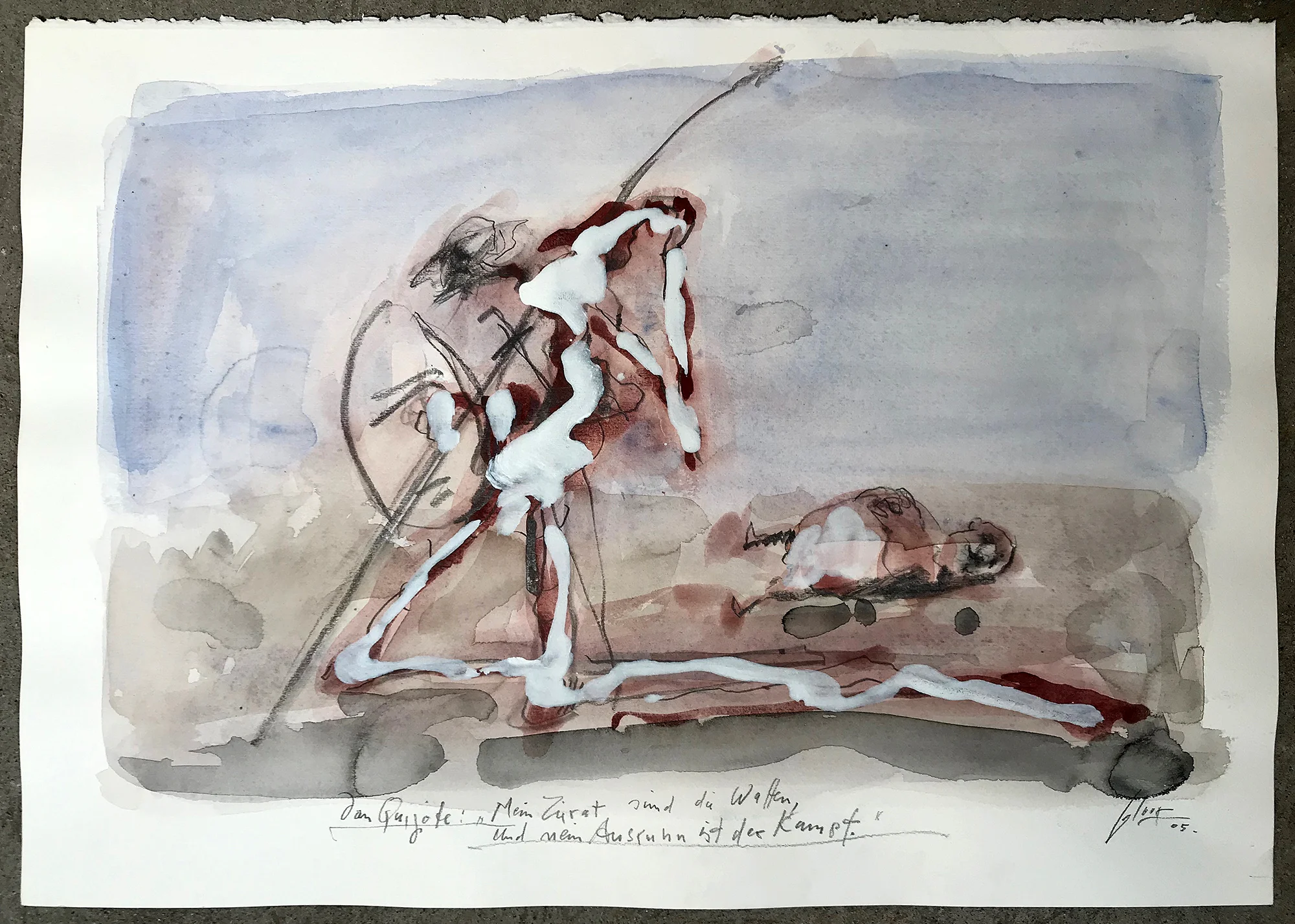 Don Quichot, Mein Zierrat sind die Waffen, 2006, Mischtechnik auf Büttenpapier, 50 x 36 cm, ohne Rahmen