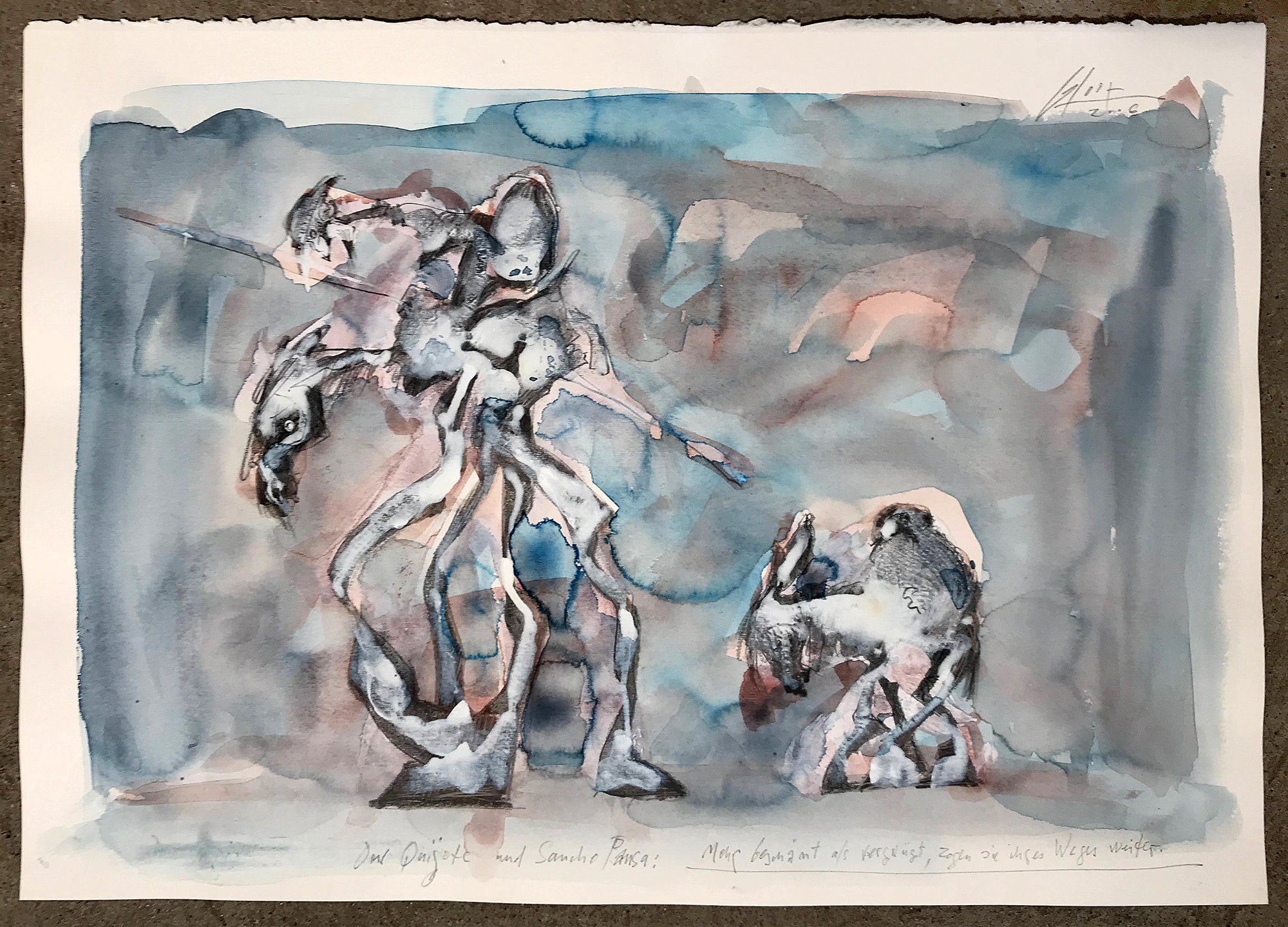 Don Quichot, Sancho Pansa, 2006, Mischtechnik auf Büttenpapier, 50 x 36 cm, ohne Rahmen
