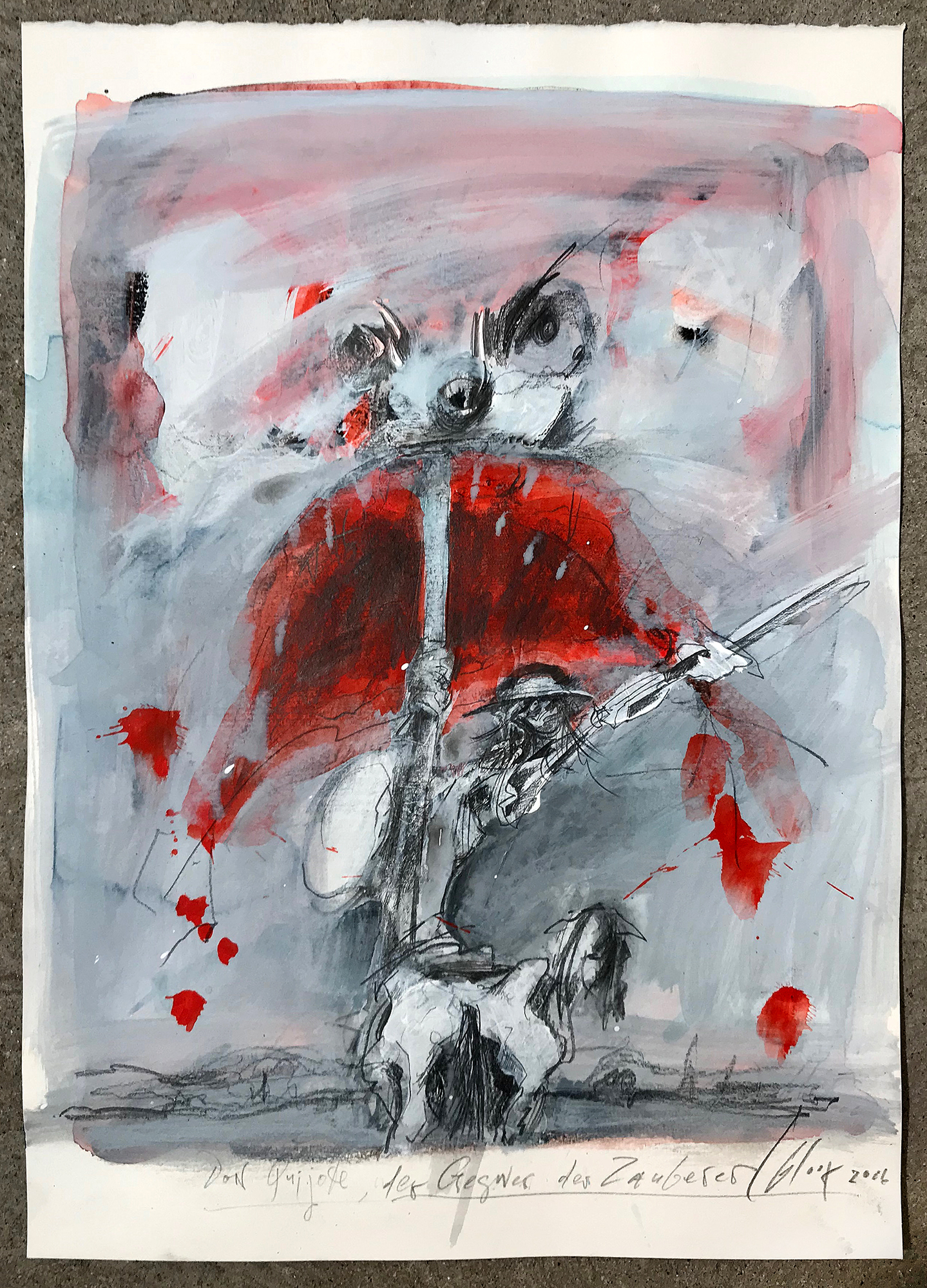 Don Quichot, der Gegner des Zauberers, 2006, Mischtechnik auf Büttenpapier, 25 x 36 cm, ohne Rahmen