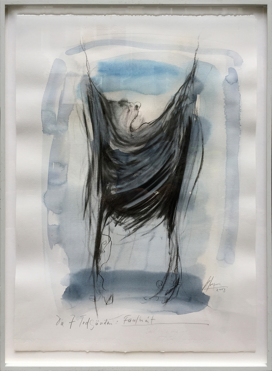 Die 7 Todsünden / Faulheit, 2003, Mischtechnik auf Büttenpapier, ca. 50 x 70, Holzrahmen, Rahmenmass 56 x 78 cm