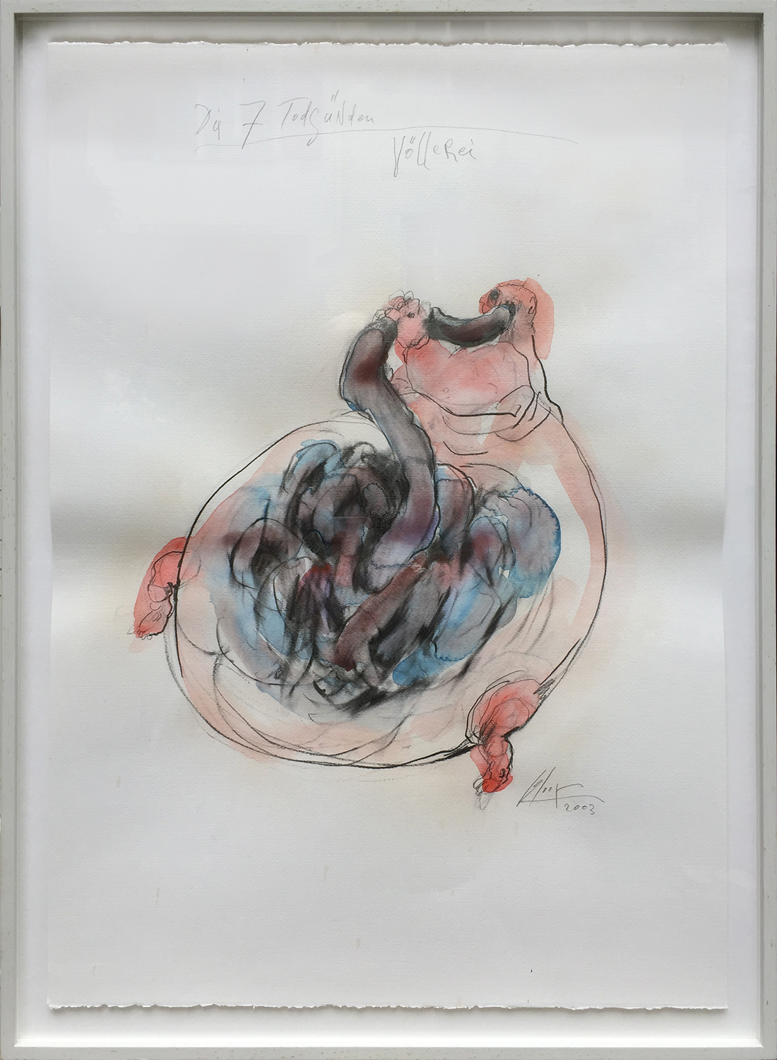 Die 7 Todsünden / Völlerei, 2003, Mischtechnik auf Büttenpapier, ca. 50 x 70, Holzrahmen, Rahmenmass 56 x 78 cm