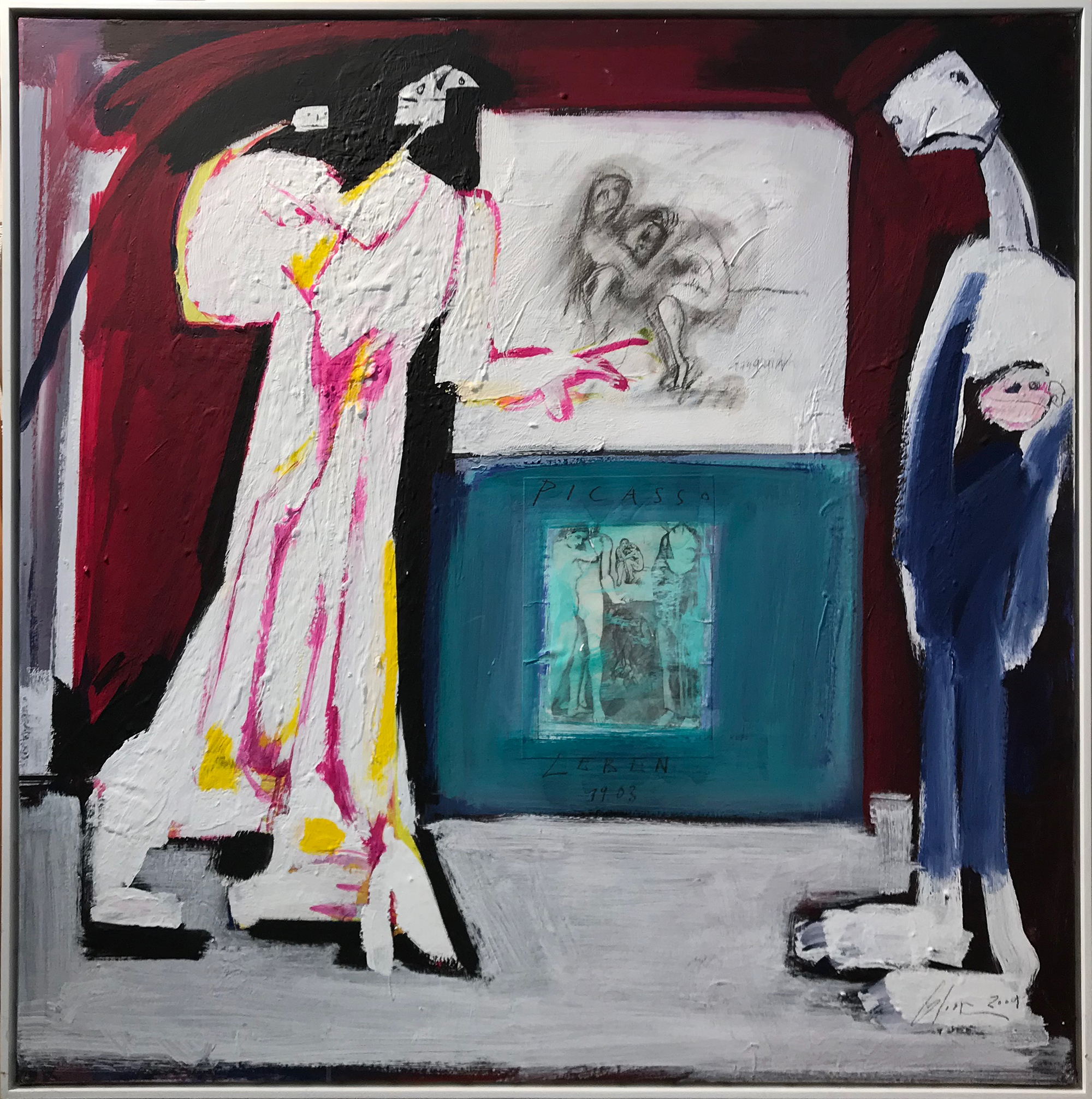 Picasso, 2004, Mischtechnik auf Leinwand, 100 x 100 cm, Schattenfugenrahmen Holz, weiss
