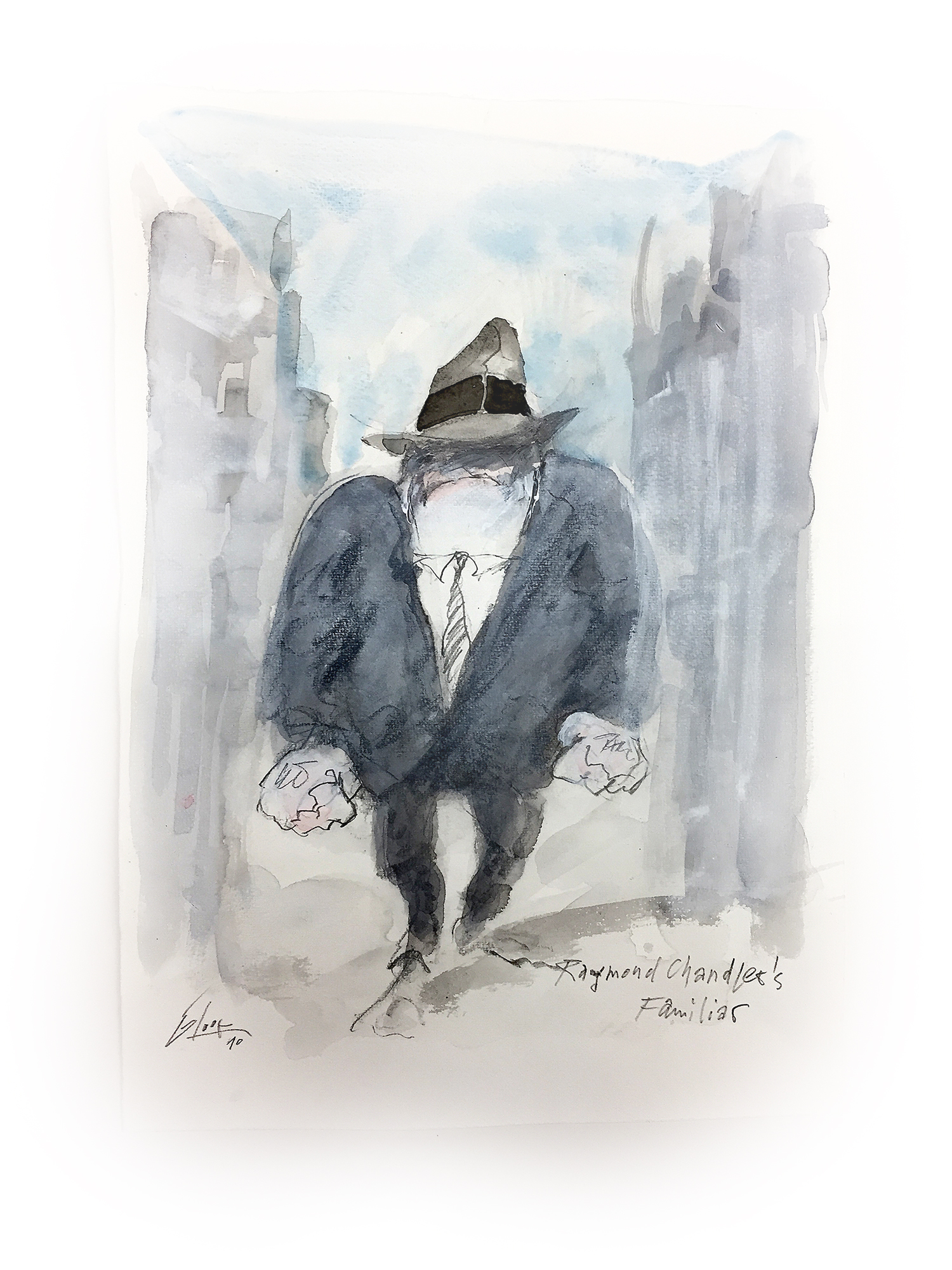 Raymond Chandler Familiar, 2010, Mischtechnik auf Zeichenpapier, ca. 20 x 28 cm