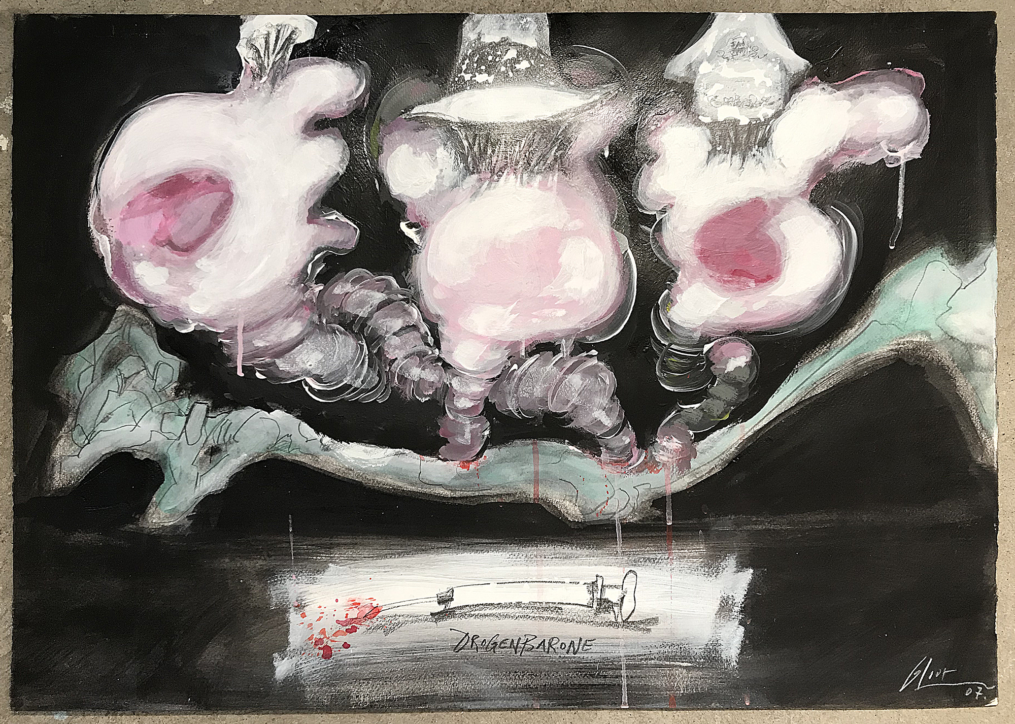 Drogenbarone, 2007, Mischtechnik auf Büttenpapier, ca. 70 x 50, ohne Rahmen