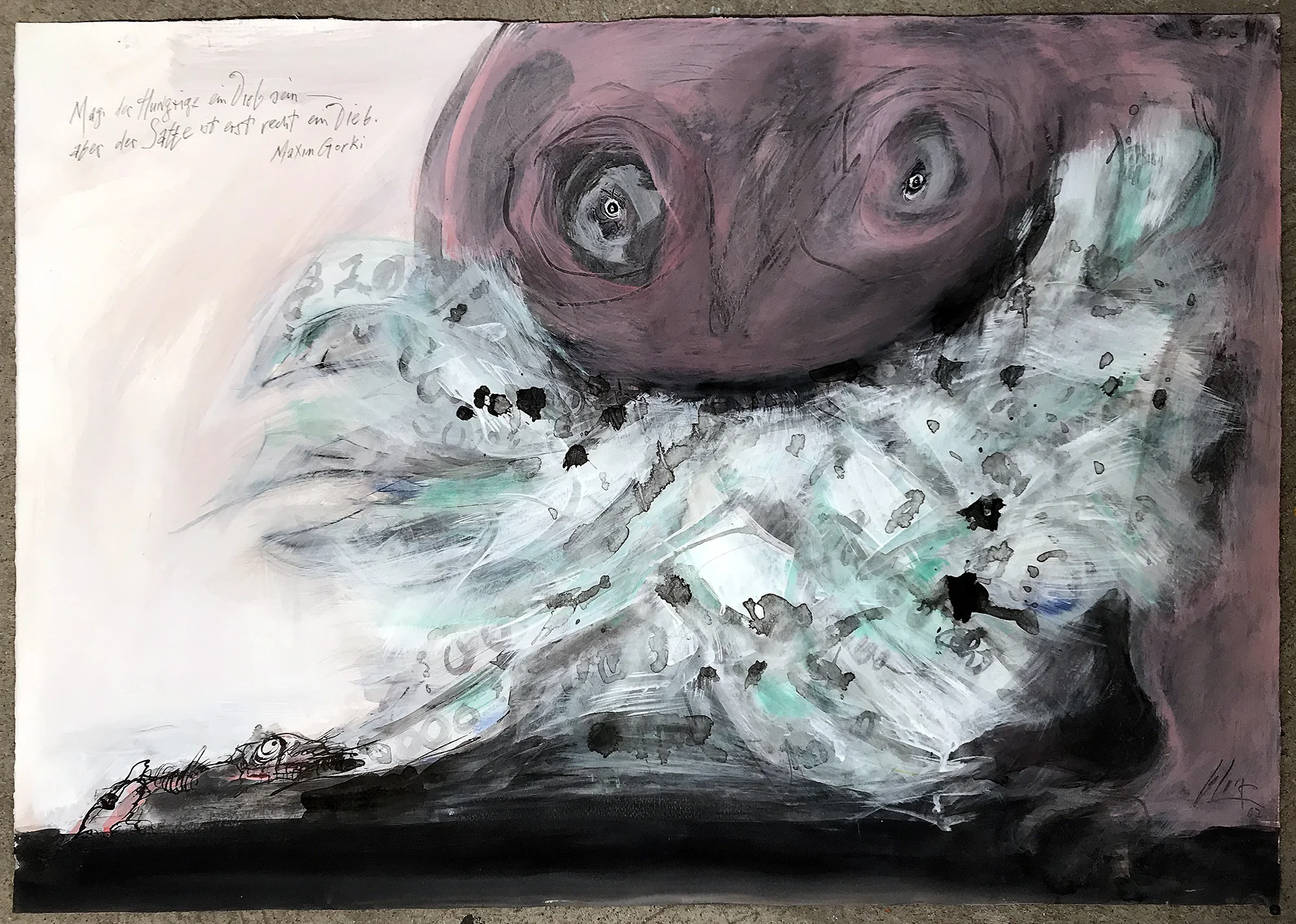 Mag der Hunger der Dieb sein …, 2007, Mischtechnik auf Büttenpapier, ca. 70 x 50, ohne Rahmen