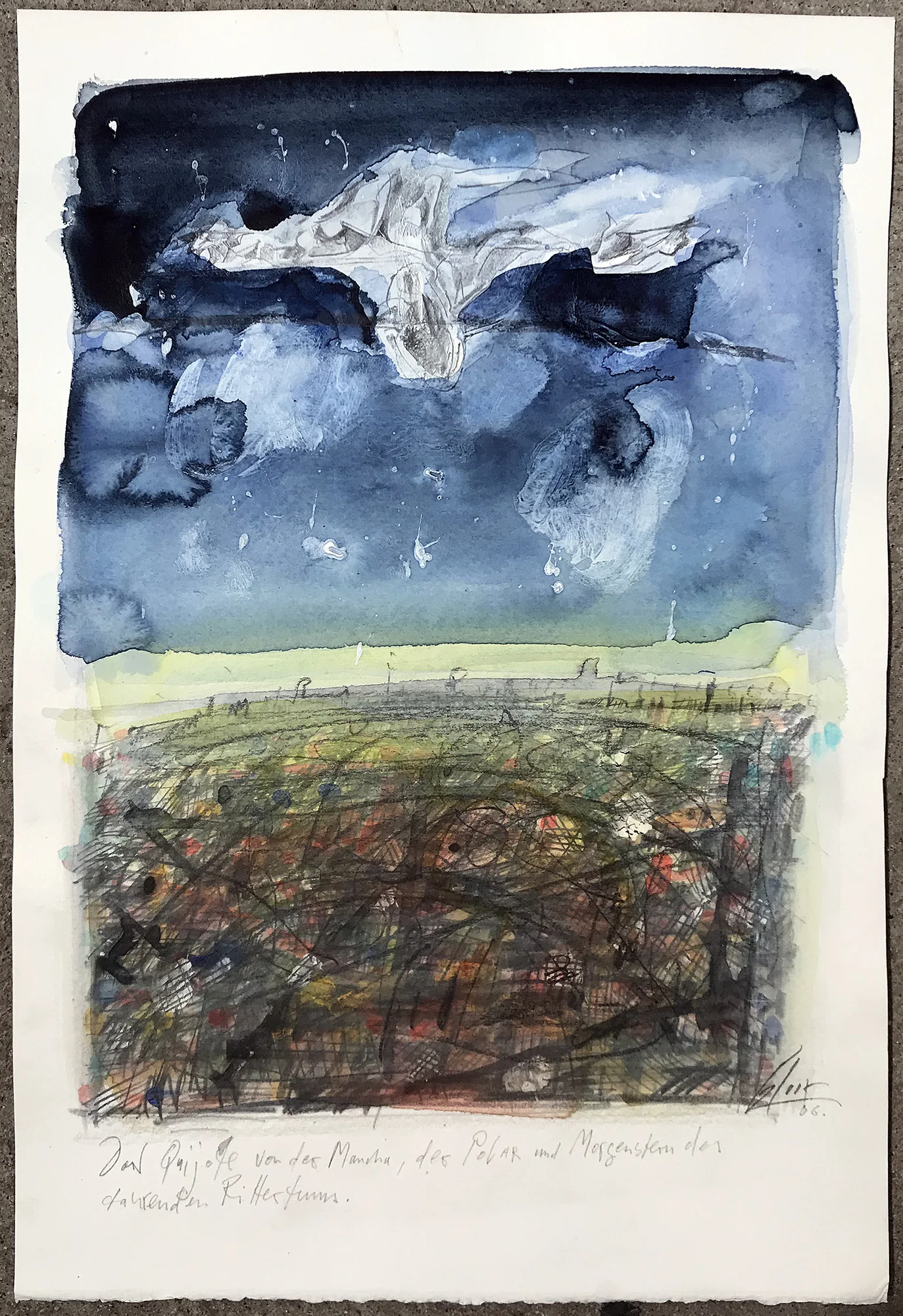 Don Quichot, von der Mancha, 2006, Mischtechnik auf Büttenpapier, 25 x 36 cm, ohne Rahmen
