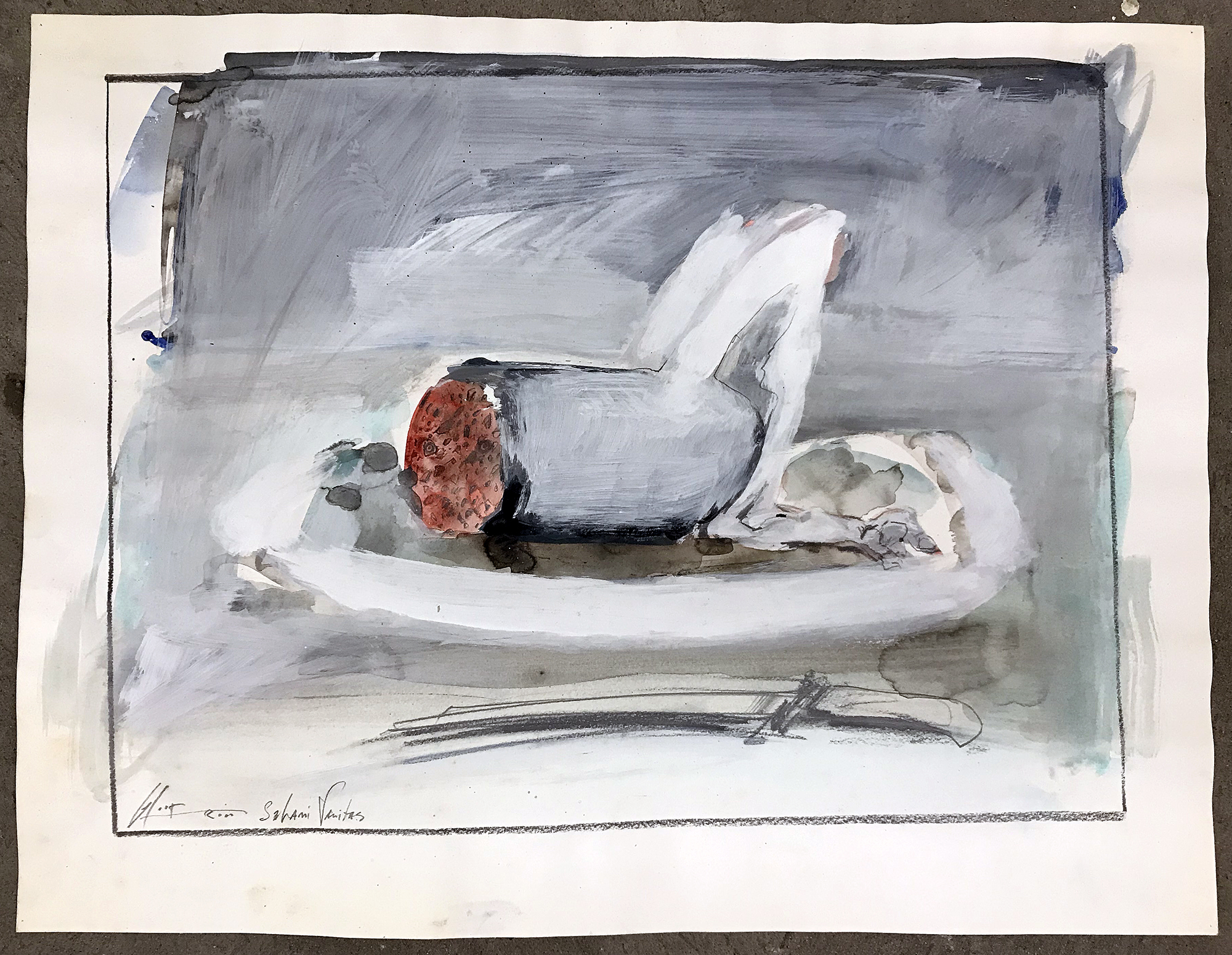 Salami Vanitas, 2000, Mischtechnik auf Zeichenpapier, 50 x 38 cm, ohne Rahmen