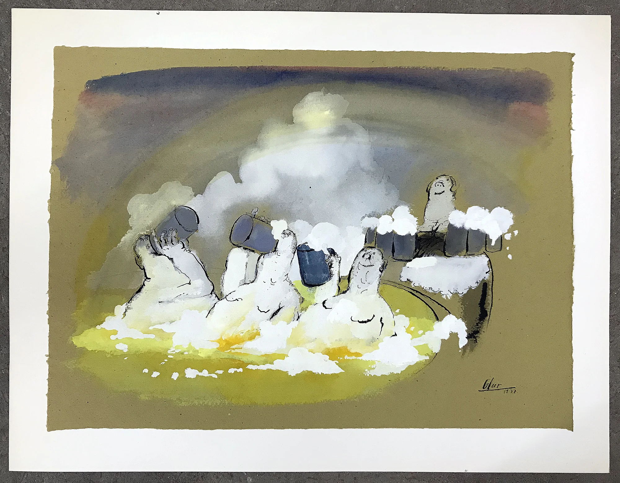 Bierbad, 1977, Mischtechnik auf Büttenpapier, 57 x 50 cm, ohne Rahmen