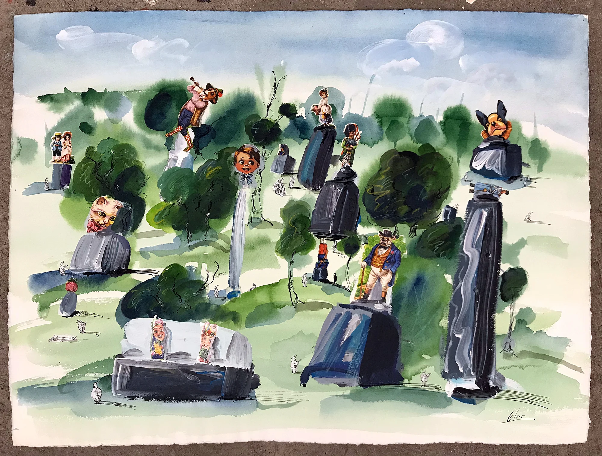 Denkmäler im Park, o.D., Mischtechnik auf Büttenpapier, 54 x 40 cm, ohne Rahmen