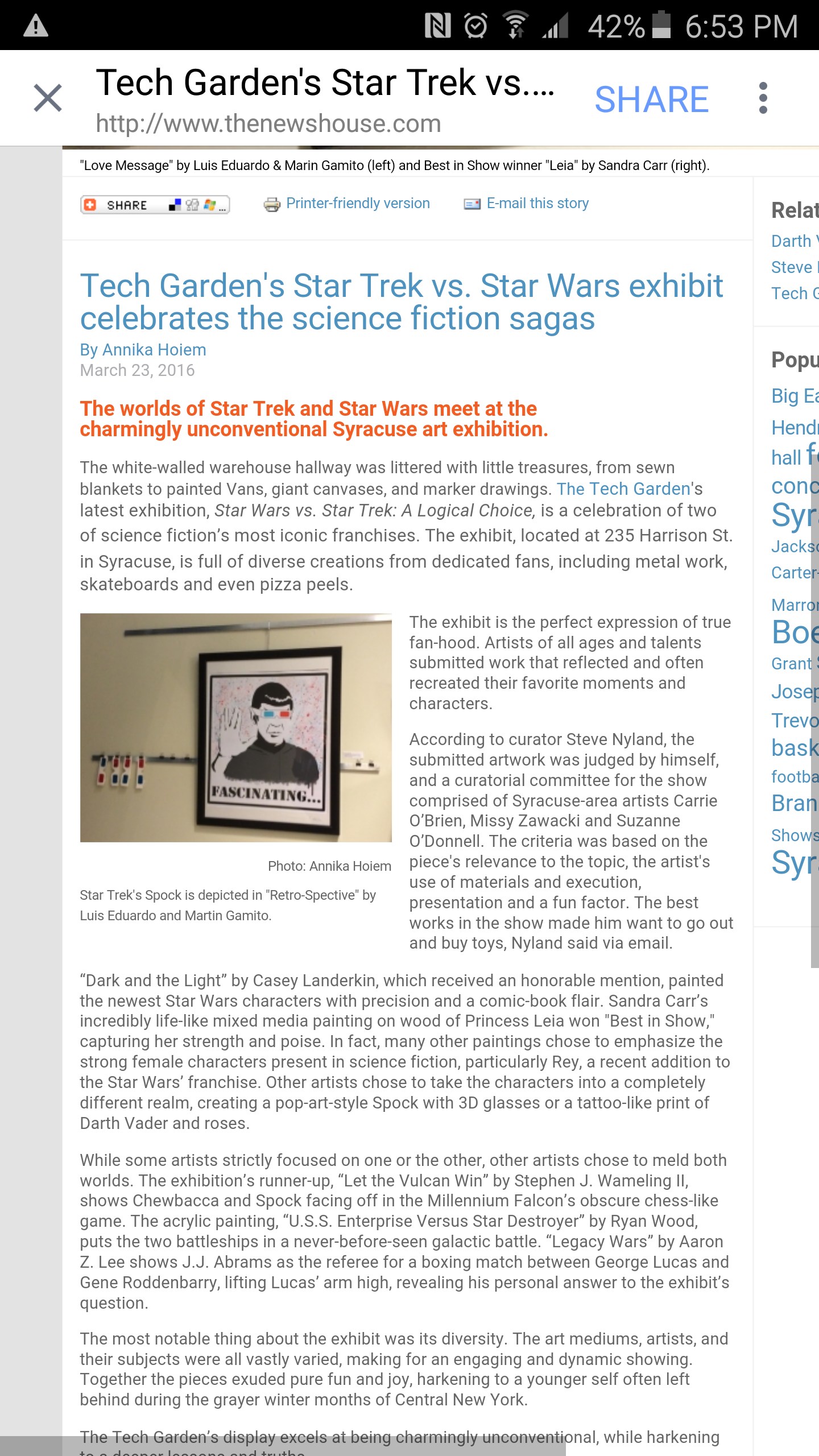Another mention in an article about the Star Trek VS. Star Wars show.