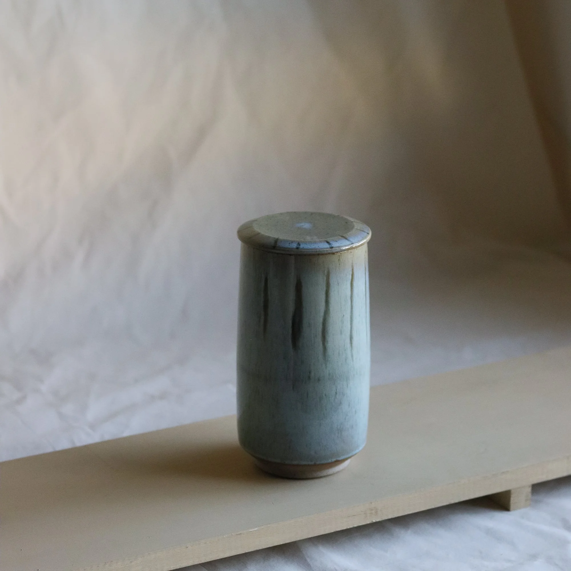 Tall Lidded Jar in Pale Blue Chun with Iron Oxide Brushwork, Flecked Stoneware