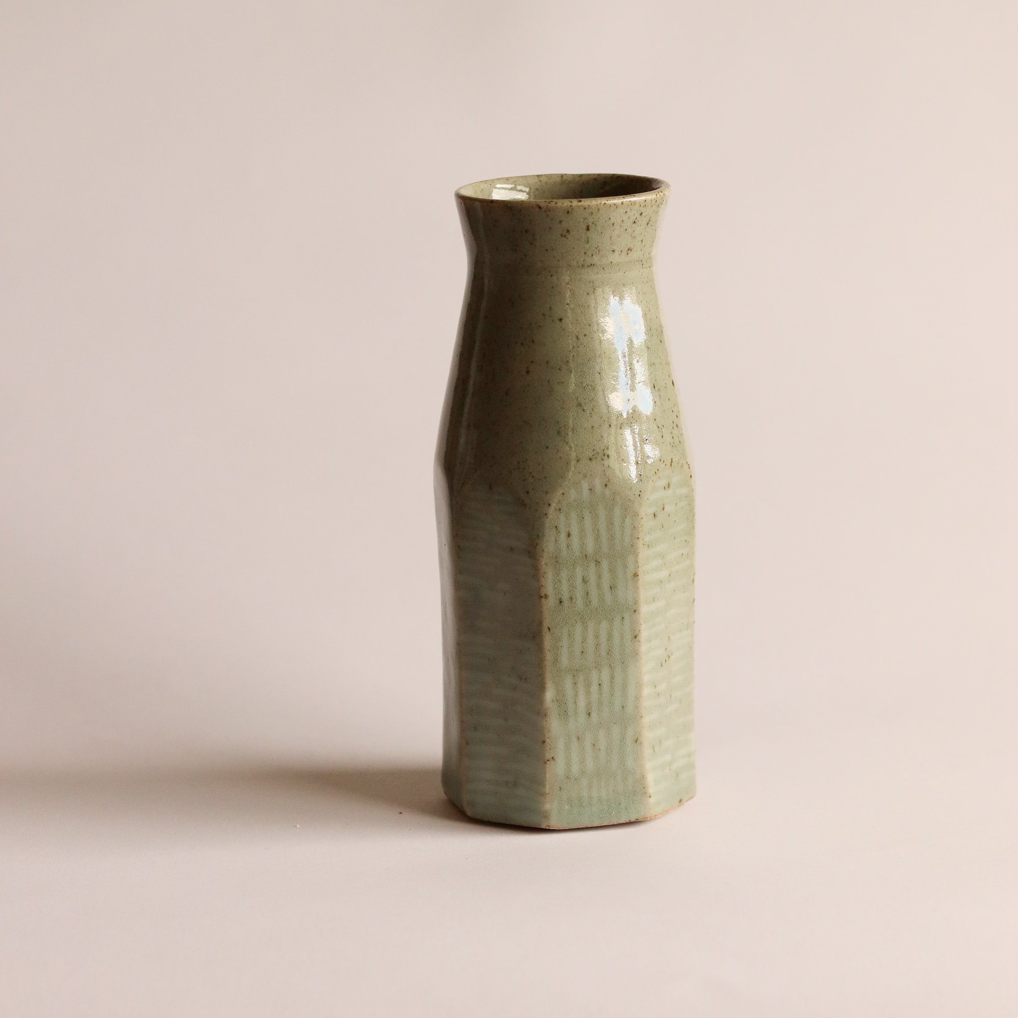 Faceted Bottle Vase in Celadon with Inlaid Porcelain Lines