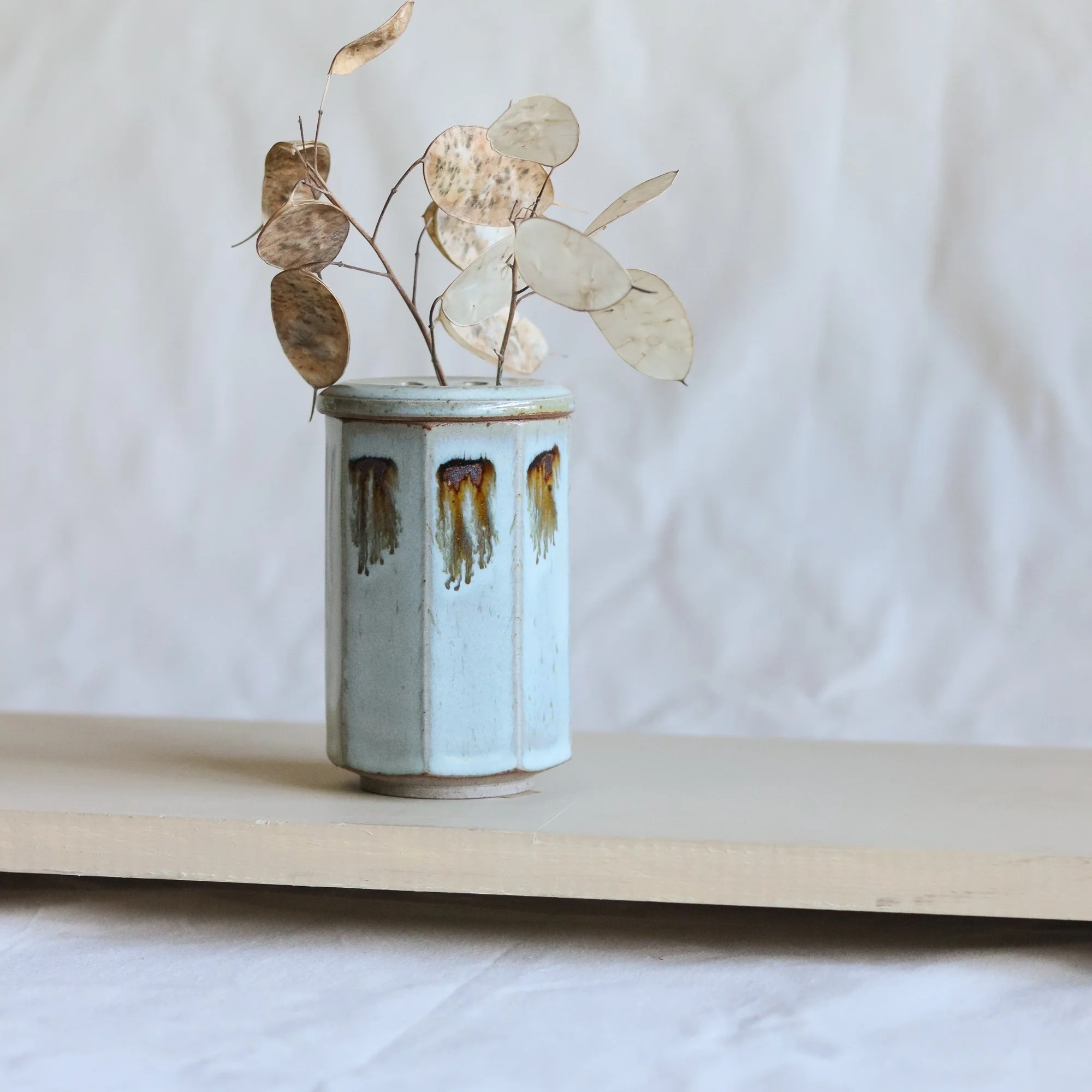 Faceted Flower Frog in Pale Blue Chun, Flecked Stoneware