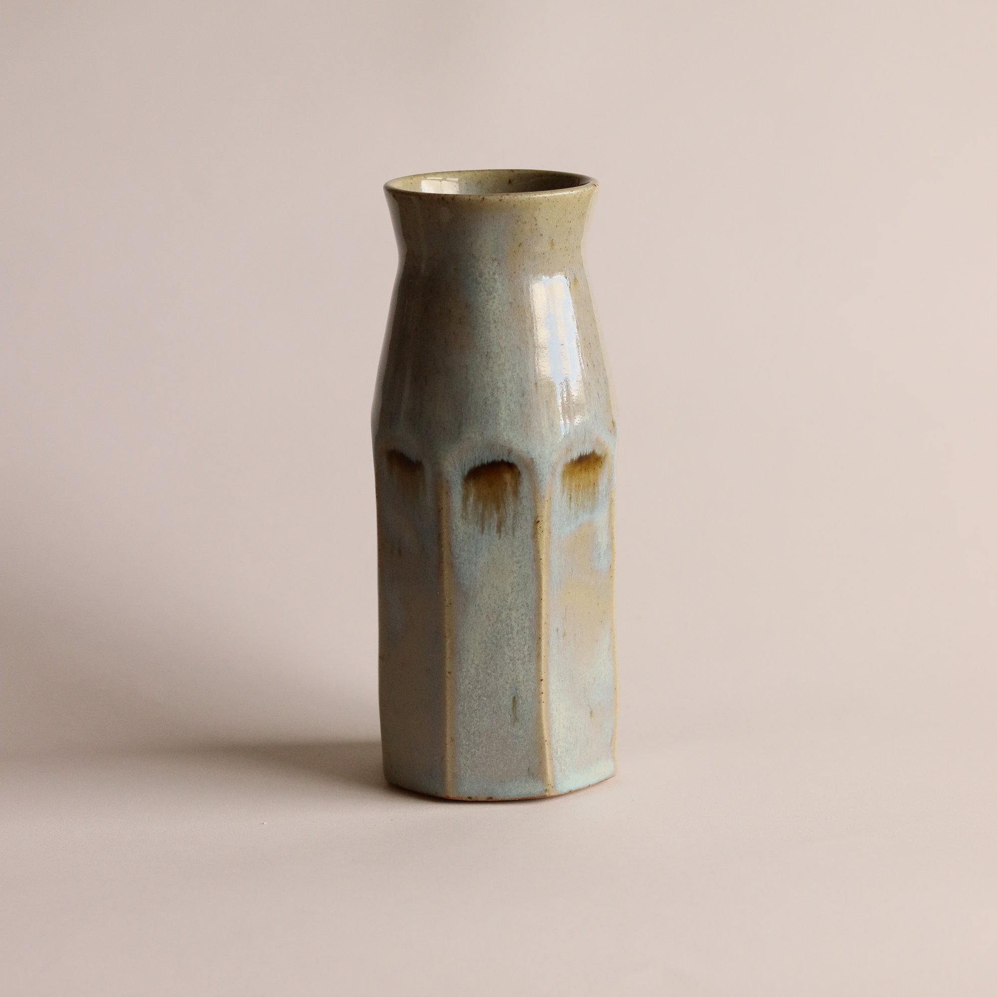 Faceted Bottle Vase in Pale Blue Chun with Iron Brushwork