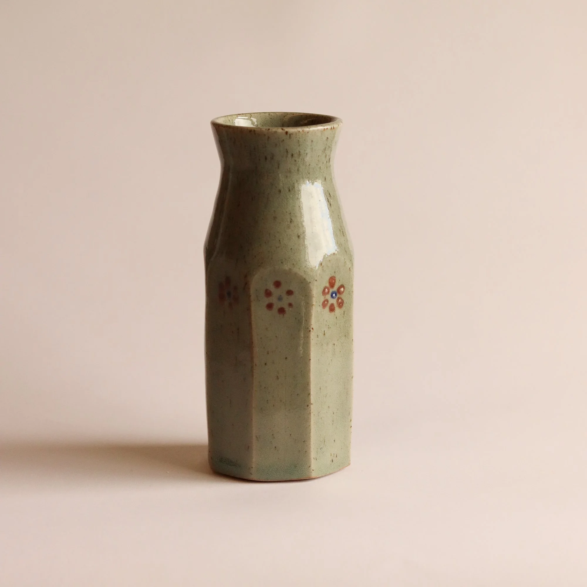 Faceted Bottle Vase in Celadon with Inlaid Porcelain Motif