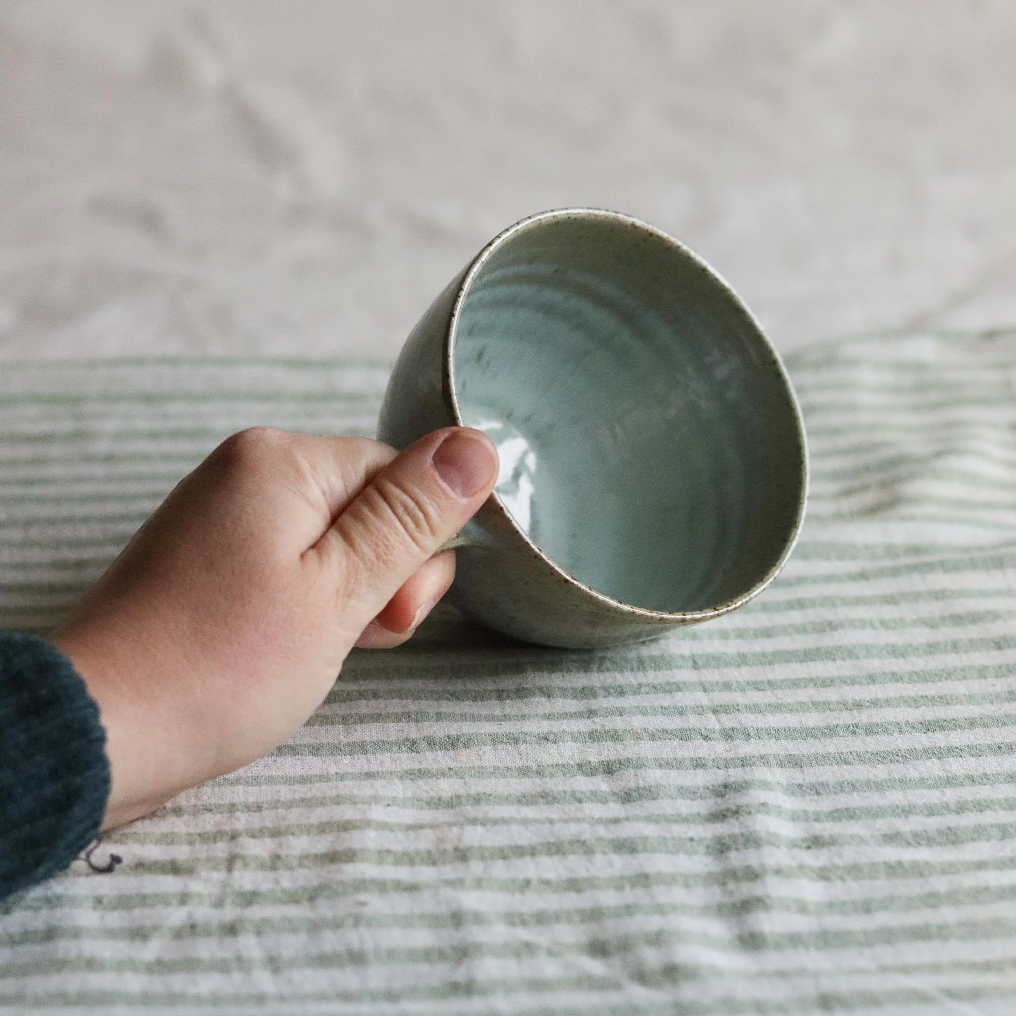 Interior of the pale blue chun curved mug by Pottery West