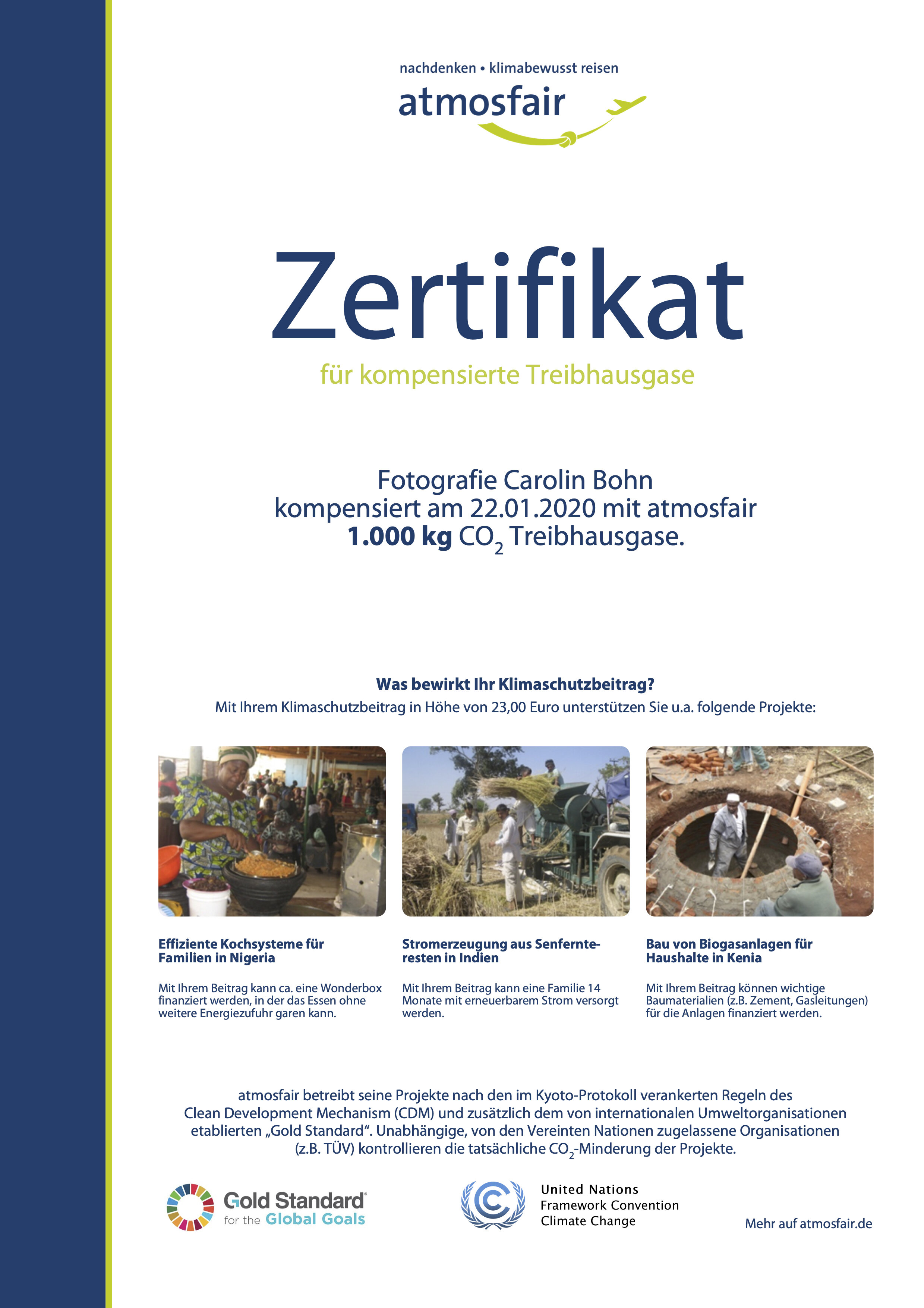 Spendenzertifikat zweites Halbjahr 2019 an atmosfair gGmbH