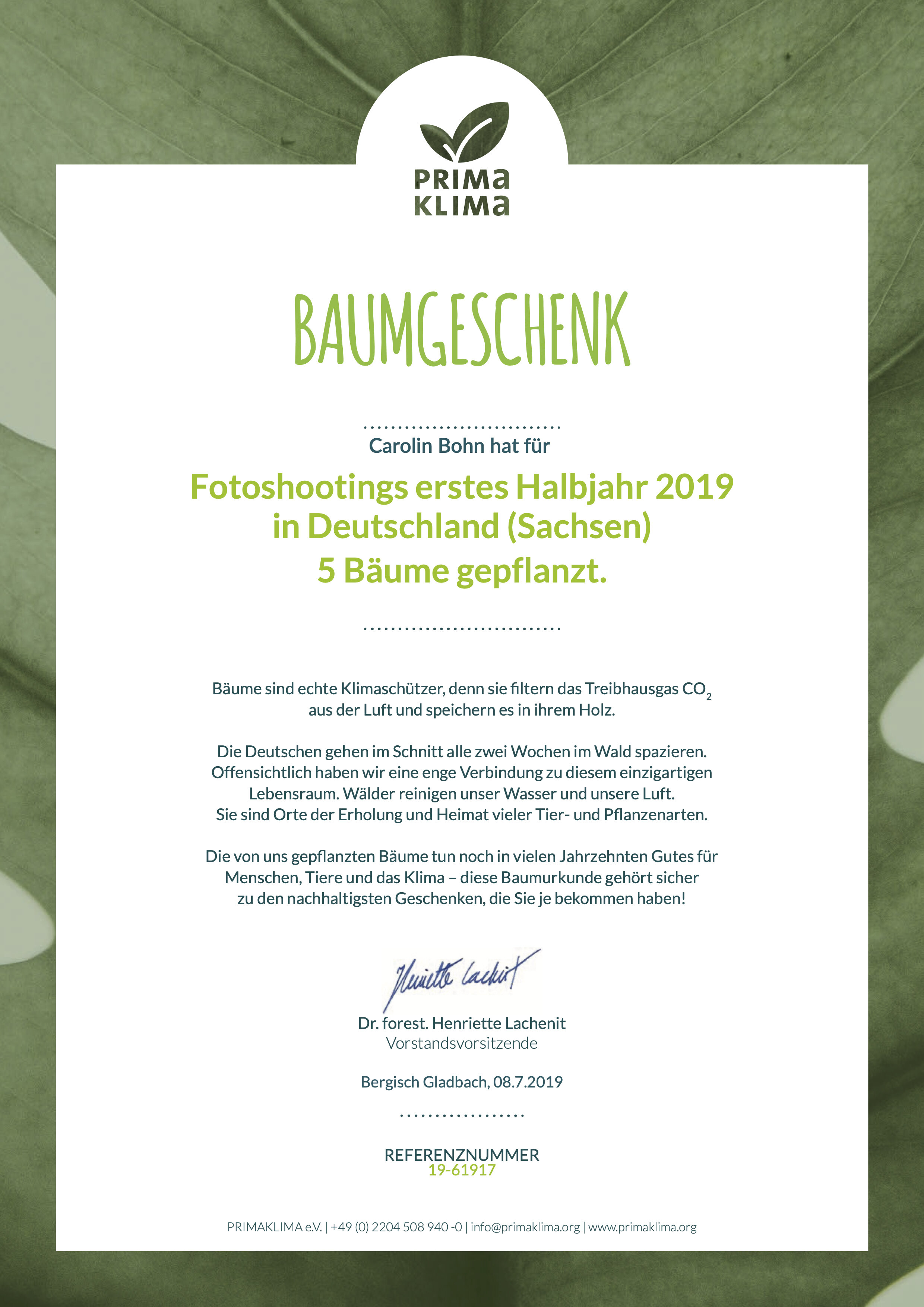 Spendenurkunde erstes Halbjahr 2019 an PRIMAKLIMA e.V.