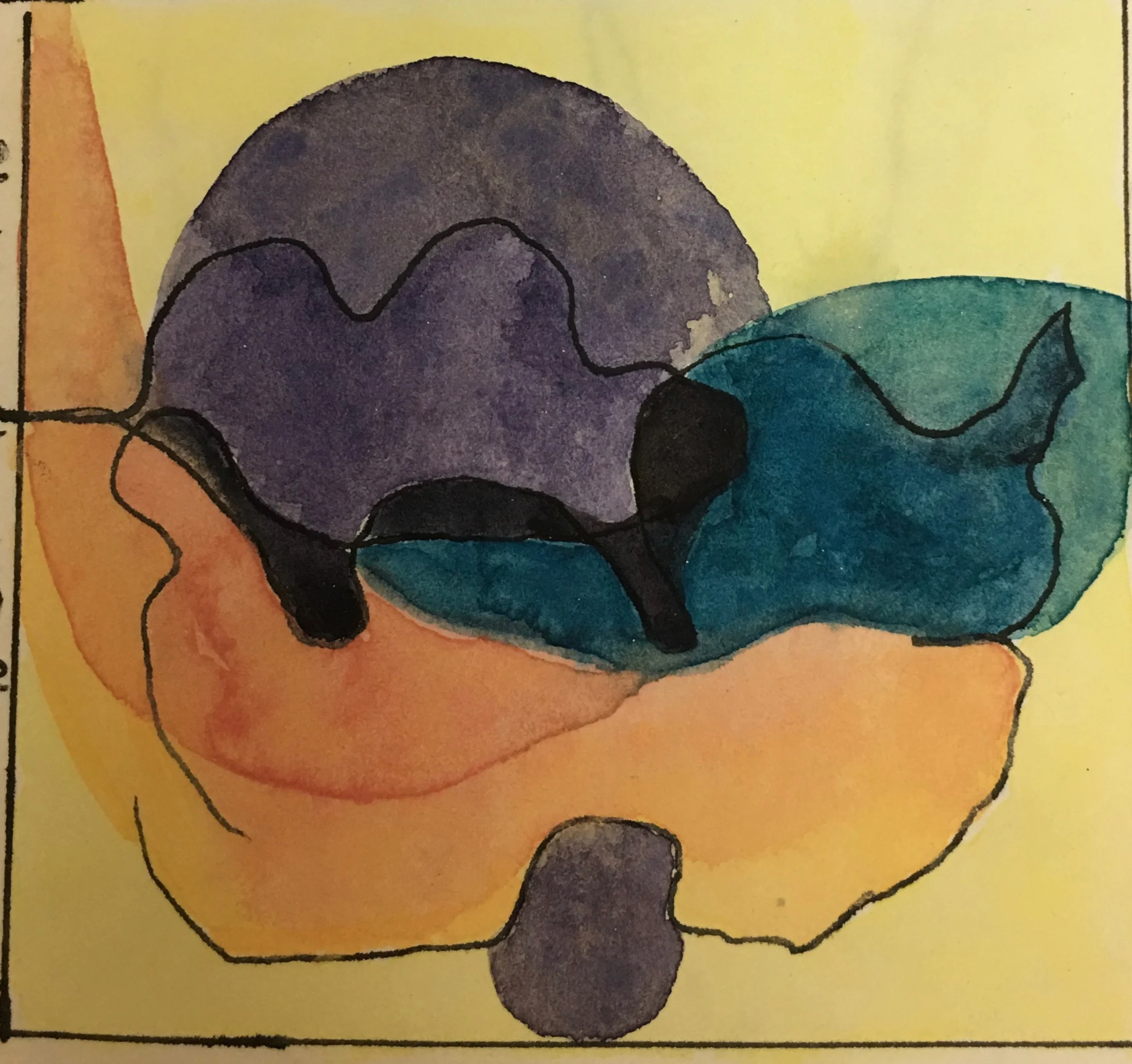 This began with a bowl of fruit. When you draw contour, you put the pen or pencil on the paper and keep it moving usually looking at the subject rather than the paper. This gives shapes and connections that could prove interesting.