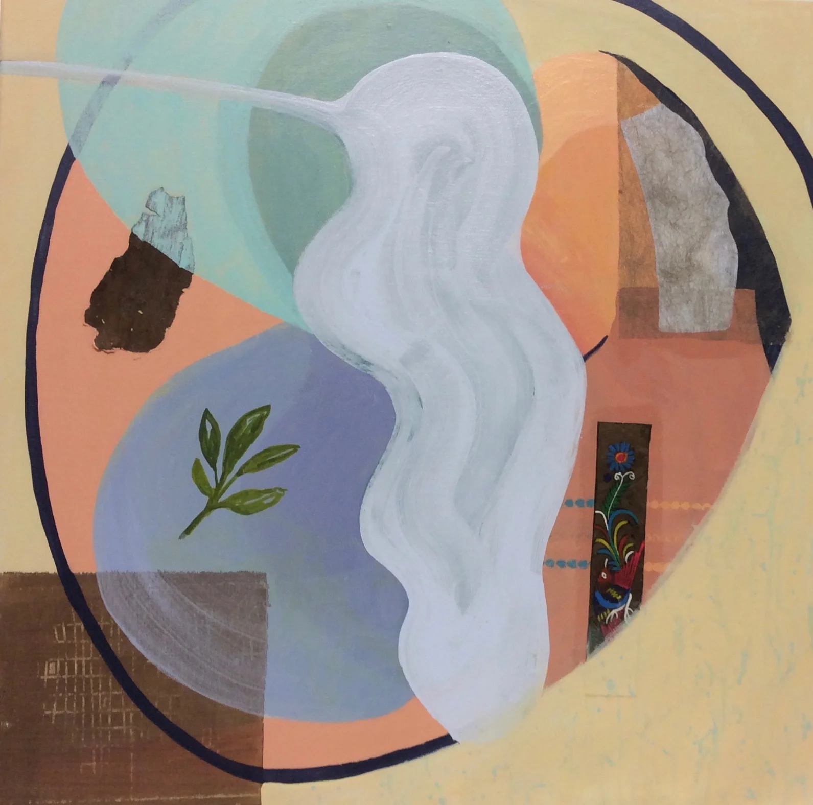 The cedar is real bark; the veil is a piece of fabric. They were applied with diluted matte medium. Since the canvas will not be framed, I continued the painting on the edges, including the circles that wrapped over the edges. There is also a soft rain of color.