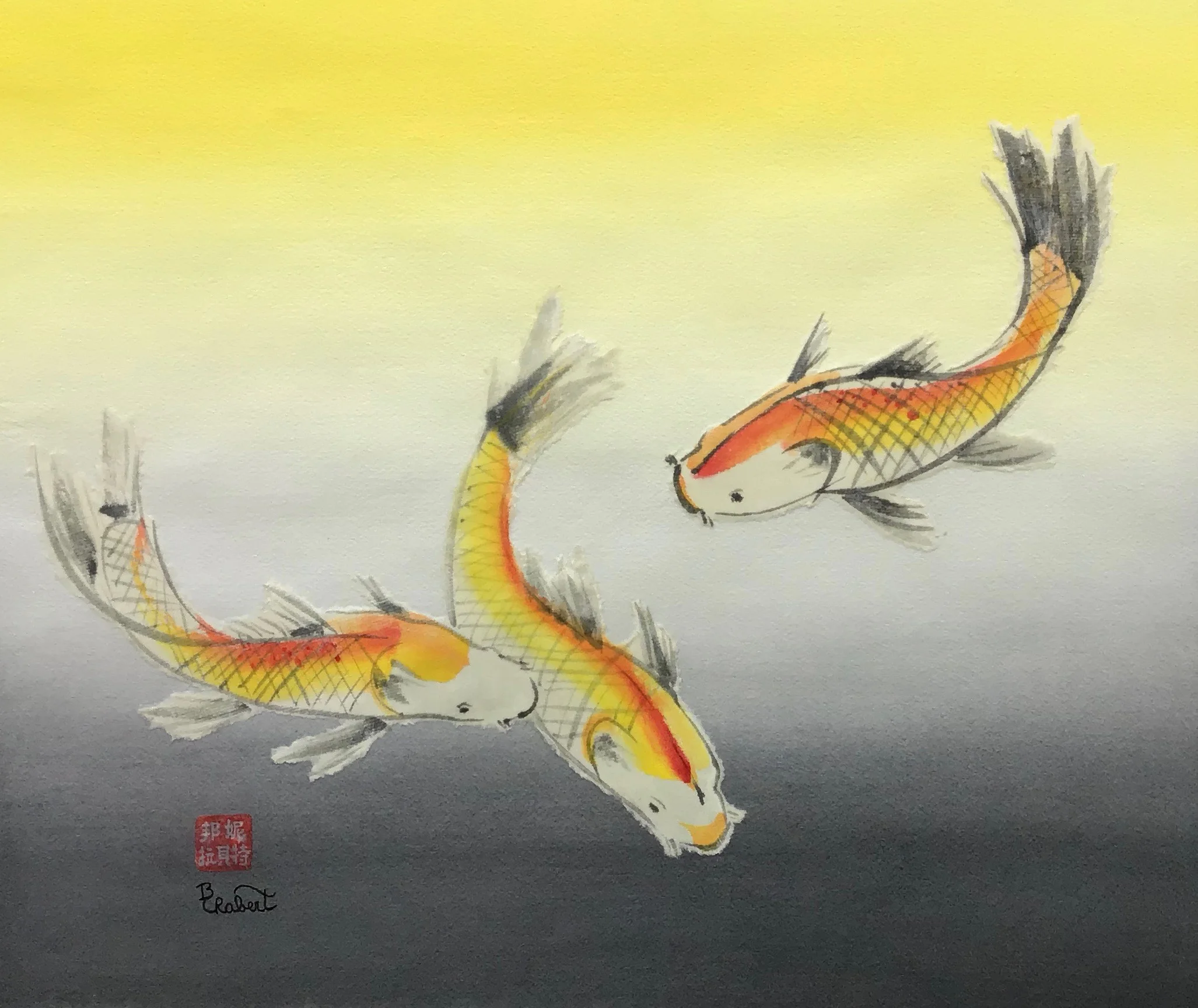 Three Koi, a mixed media piece