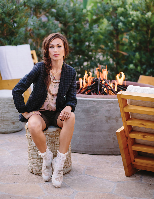Attilio Giusti Leombruni lace-up shoes, Allora by Laura. Sanctuary camo short, Chasen. Cotelac jaquard top, blazer, Antoinette. Ruby ring with diamond crown and Ruby Shaker neckalce, ARA Collection.