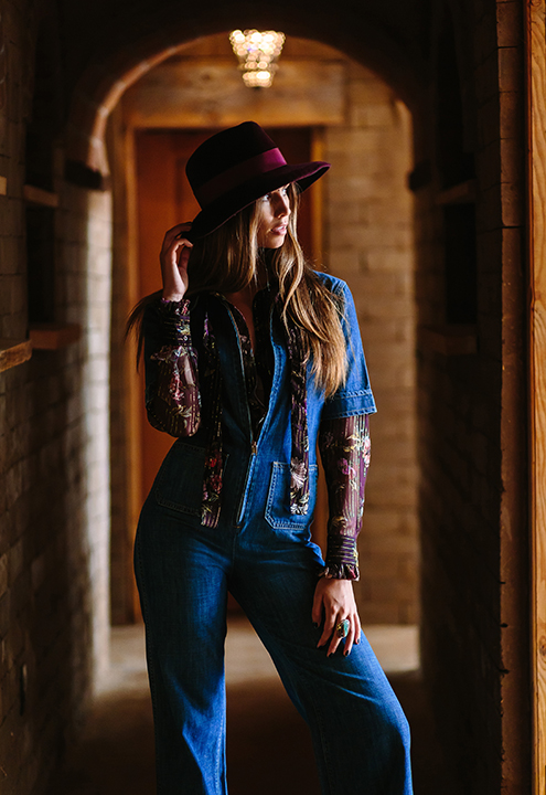 Denim jumper, BLANKA. Blouse, ANTOINETTE. Hat and ring, ALLORA BY LAURA.