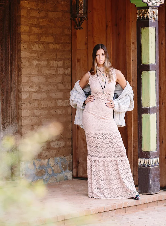 Lace dress, ROWAN. Jacket, WHISTLE CLUB. Shoes, ALLORA BY LAURA. Coin necklace, gold/diamond necklace, gold/black diamond ring, ARA COLLECTION. Feather necklace and bracelet, ANTOINETTE. Additional rings, HUMMINGBIRD.