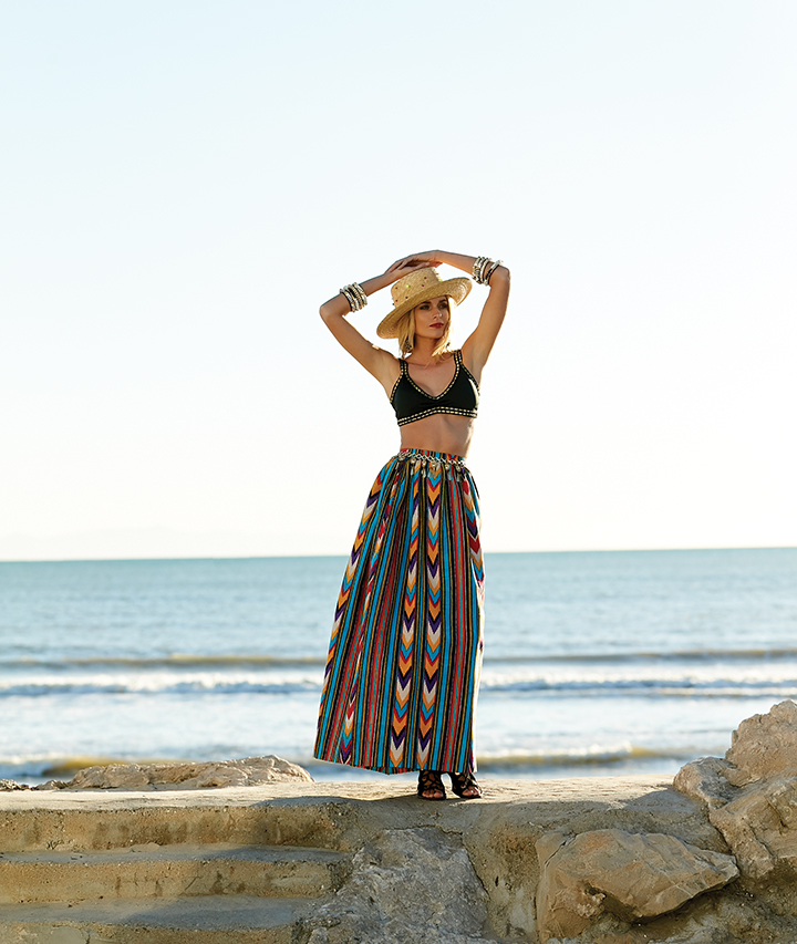Vintage YSL skirt, SEPI. Bikini top, BIKINI FACTORY. Hat, earrings, and shoes, ALLORA BY LAURA. Bangle bracelets, TIENDA HO. Belt, WHISKEY+LEATHER.