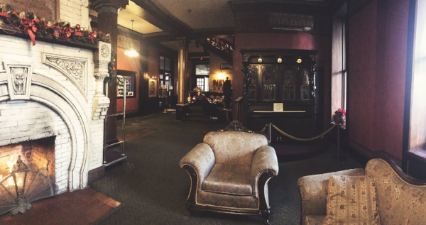 View of the original stone fireplace in the lobby.