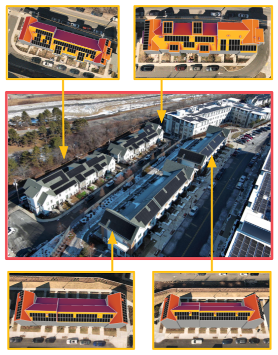 Aerial view of a neighborhood with townhouses and multi-story buildings, with close-up views of the roofs and layout of each building.
