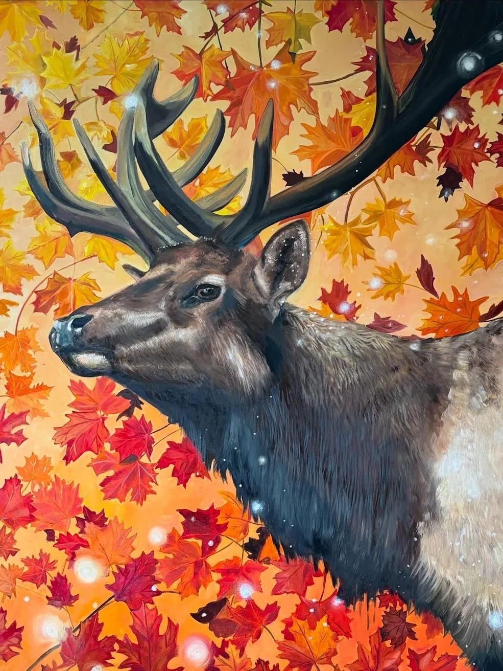 Elk with Maple Leaves  oil on wood 4.5 feet x 4 feet, Geyserville, CA. $1900