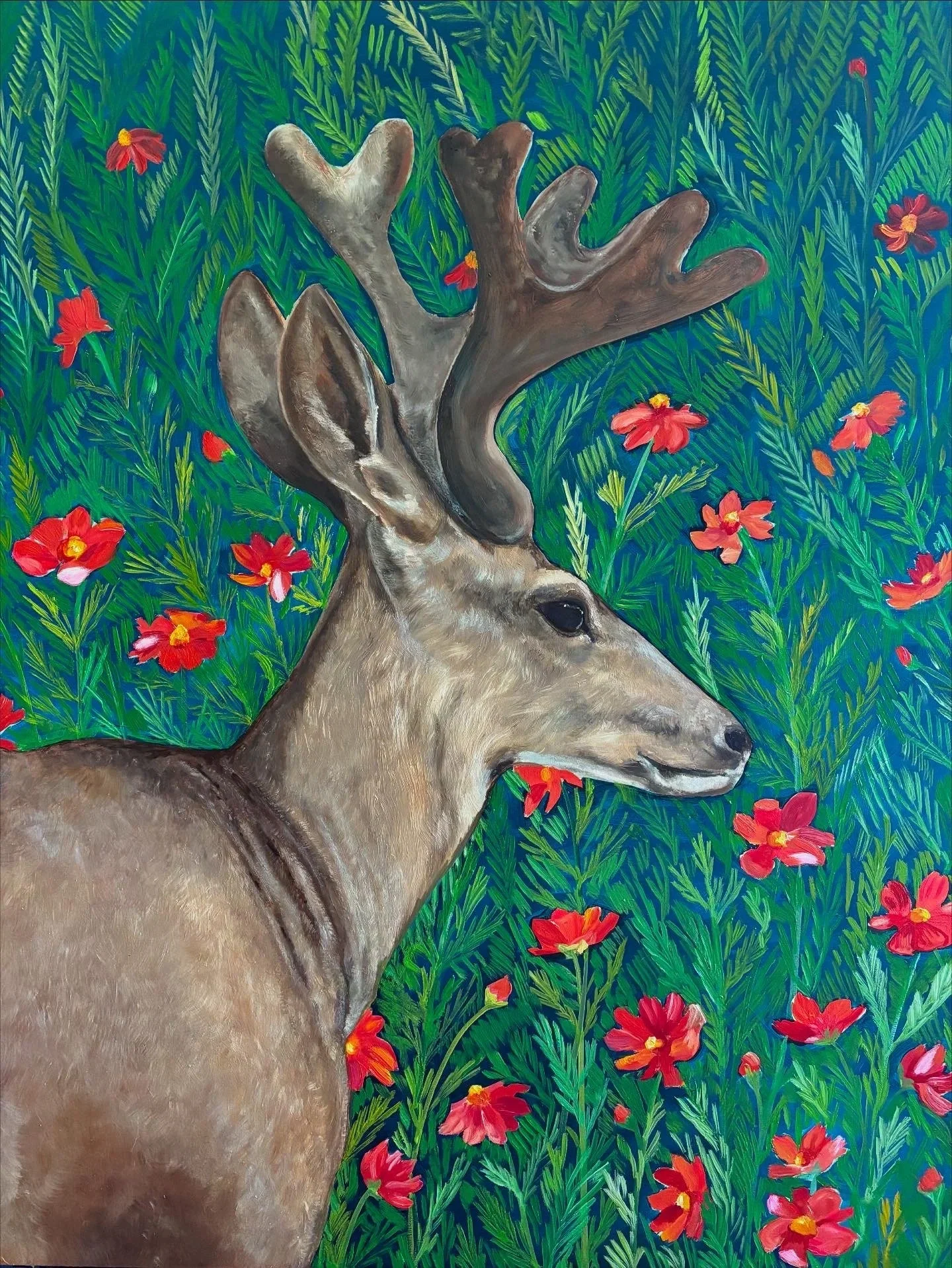 Mule Deer with Cosmos 40” x 24” Oil on Wood $650