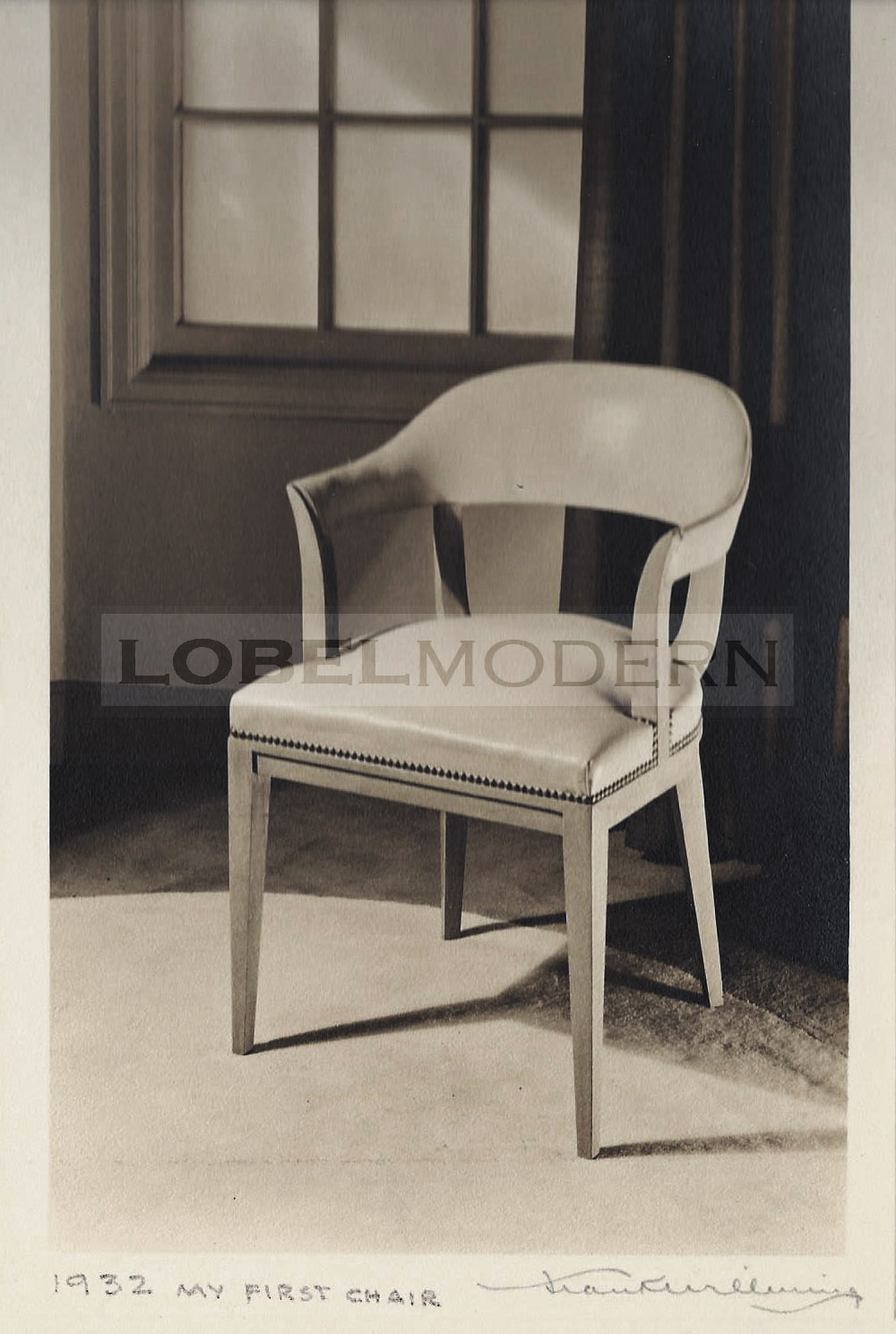 Photo from the Wormley Archive at Lobel Modern. Notations hand-written by Edward Wormley. This photo is inscribed "My first chair" 