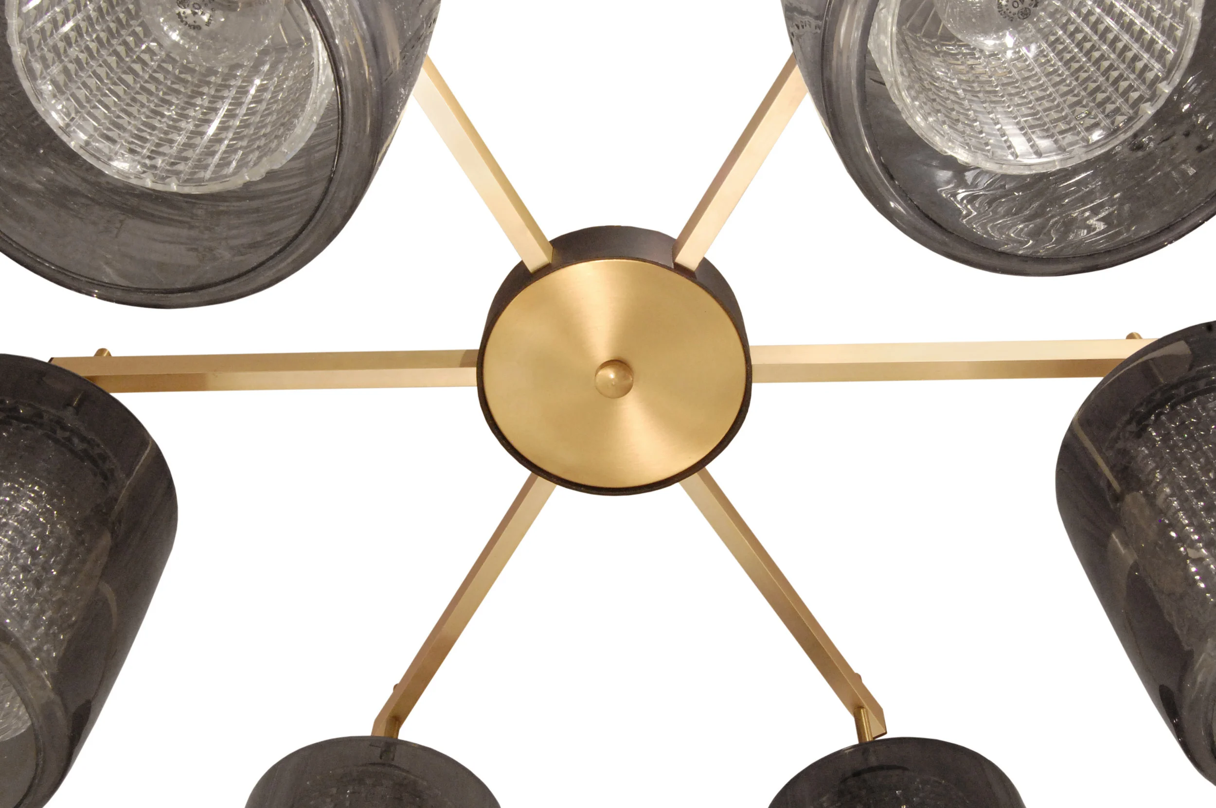 Lightolier Chandelier In Brass With Textured Diffusers And Smoked Glass ...