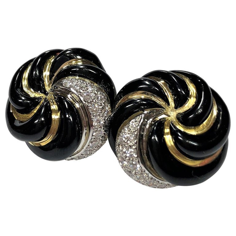 David Webb Black Enamel Gold Platinum and Diamond Swirl Earrings —  Benchmark of Palm Beach