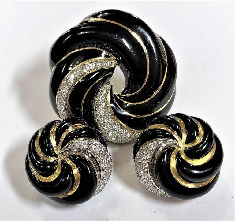David Webb Black Enamel Gold Platinum and Diamond Swirl Earrings —  Benchmark of Palm Beach