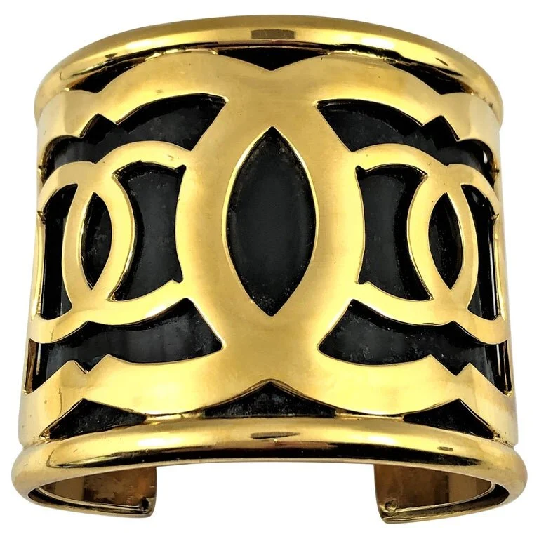 Vintage Chanel Extra Wide Black Cuff With Gold Tone CC Logo  display picture 1