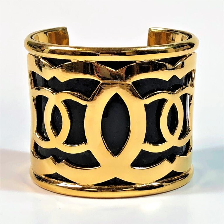 Vintage Chanel Extra Wide Black Cuff With Gold Tone CC Logo Designs 2 7/16  inch — Benchmark of Palm Beach