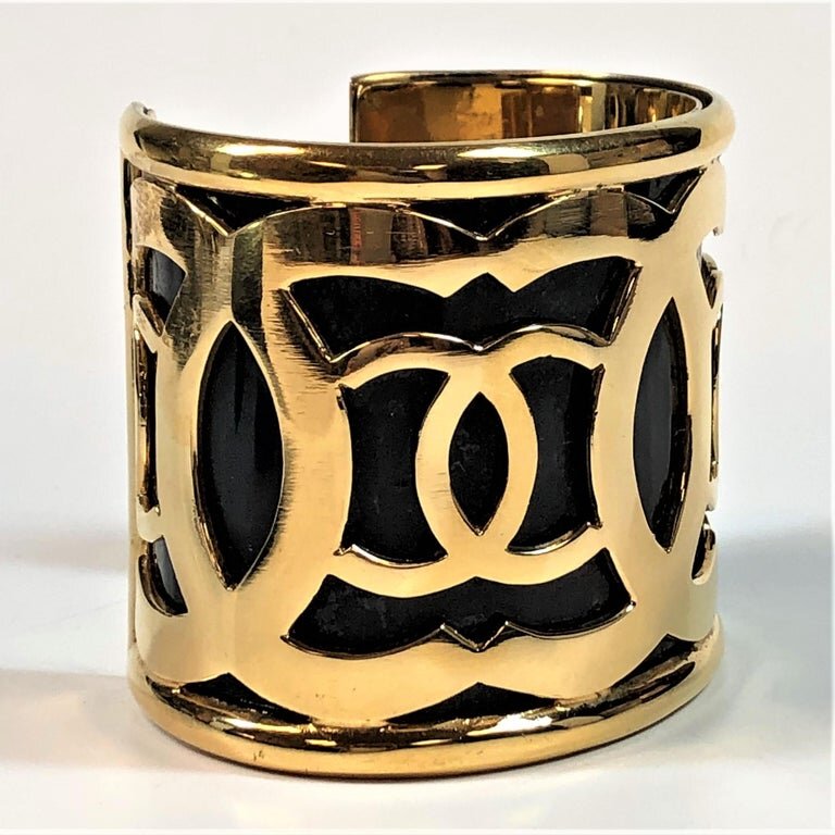 Vintage Chanel Extra Wide Black Cuff With Gold Tone CC Logo