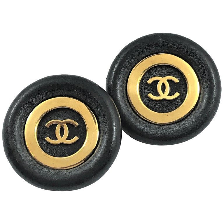 Vintage Chanel Jumbo Black Leather and Gold Tone Earrings 1 13/16