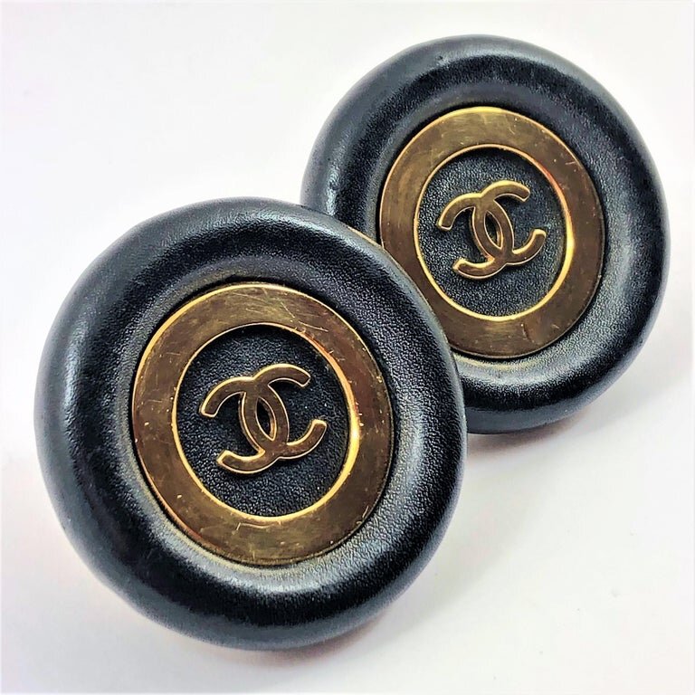 Vintage Chanel Jumbo Black Leather and Gold Tone Earrings 1 13/16