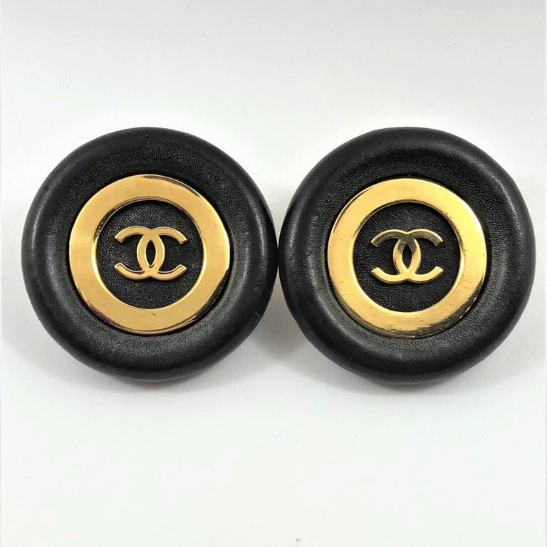 Vintage Chanel Jumbo Black Leather and Gold Tone Earrings 1 13/16 inch —  Benchmark of Palm Beach