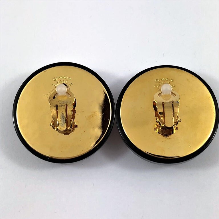 Vintage Chanel Black Resin with Gold Tone Dots and Pearl Earrings —  Benchmark of Palm Beach