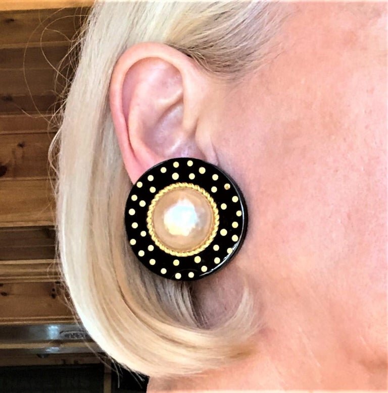 Vintage Chanel Black Resin with Gold Tone Dots and Pearl Earrings