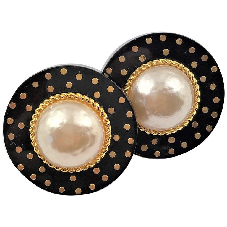 Vintage Chanel Black Resin with Gold Tone Dots and Pearl Earrings —  Benchmark of Palm Beach