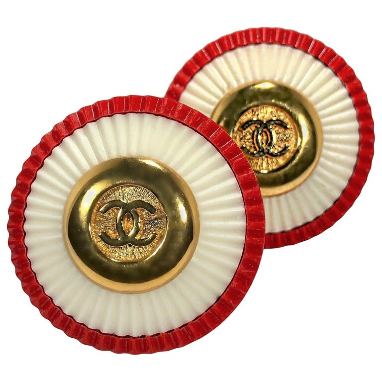 Vintage Chanel 1980s Red, White, & Gold Tone CC Earrings 1.5 Inch Diameter  — Benchmark of Palm Beach